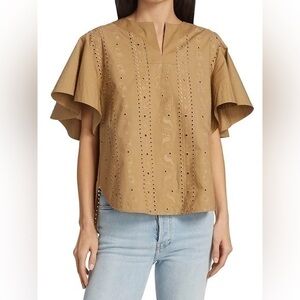 See by Chloe Eyelet Splitneck Short Ruffle Sleeve Cotton Blouse in Camel 36/4